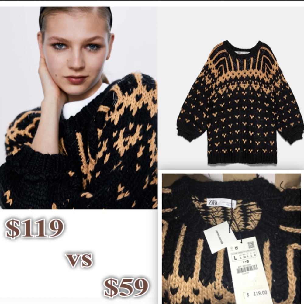 Zara Black and Camel Chunky Knit Patterned Sweater